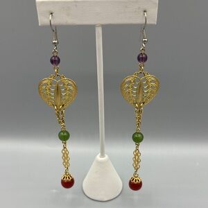 Elegant Gold Filigree Heart Earrings with Multicolor Beads JP334 2/$10